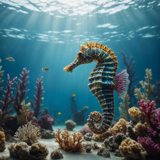 Créez une scène dans un aquarium tranquille où un délicat cheval de mer glisse gracieusement à travers