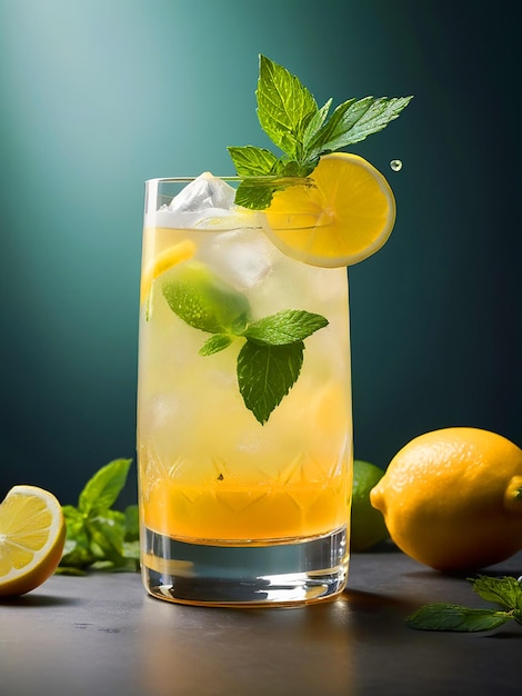 Créez une superbe photo de cocktail ultra réaliste en 8K avec un mojto au citron magnifiquement décoré