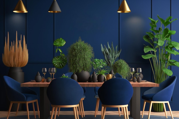 Créez une superbe présentation intérieure avec cette maquette d'une salle à manger moderne bleu foncé avec des chaises en cuir marron, une table en bois et un décor accrocheur