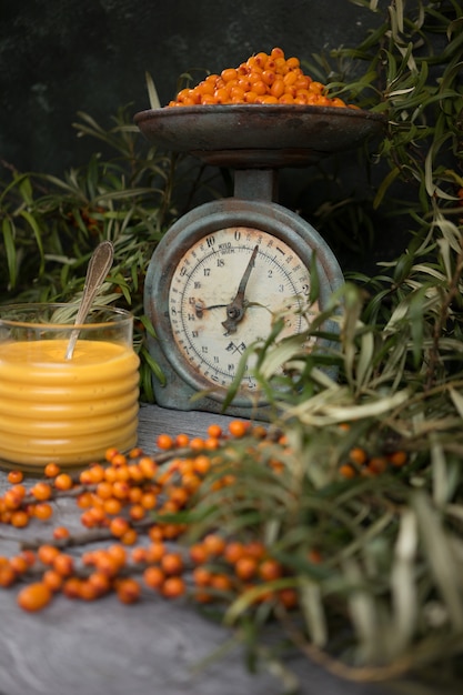 Photo crème d'argousier faite maison pour remplir des tartes et des petits gâteaux avec des baies et des branches d'argousier