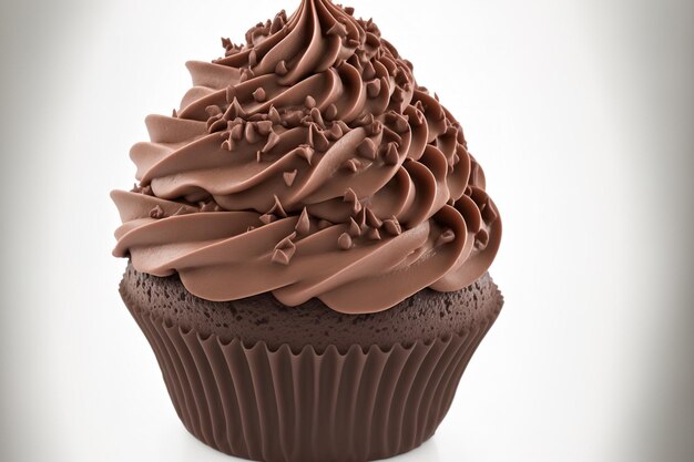 Crème au chocolat fouettée sur un cupcake au chocolat Des gouttes de chocolat ont été utilisées pour embellir Isolé