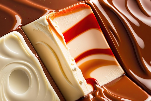 Photo crème au lait et garnitures au caramel dans une barre de chocolat barre de chocolat en tranches gros plan