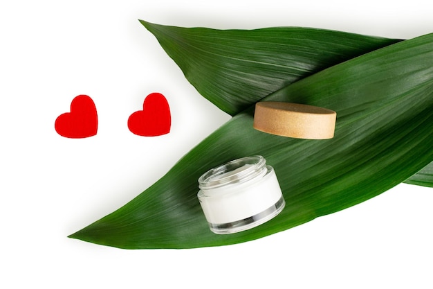 Crème blanche en vue de dessus de pot ouvert avec feuillage vert décoratif Produit de soin cosmétique bio