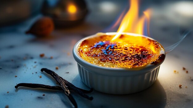 Photo la crème brûlée, une crème veloutée avec une croûte caramélisée, un dessert à l'infusion de vanille, fond dans la bouche.