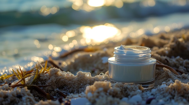 Crème cosmétique dans un pot de verre sur une plage de sable la mer en arrière-plan concept écologique