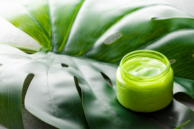 Crème cosmétique dans un récipient sur une vue d'angle de feuille tropicale de monstera verte, cosmétiques naturels et concept de produit de soin de la peau biologique. Crème pour les soins du visage et du corps, fond cosmétique avec espace de copie