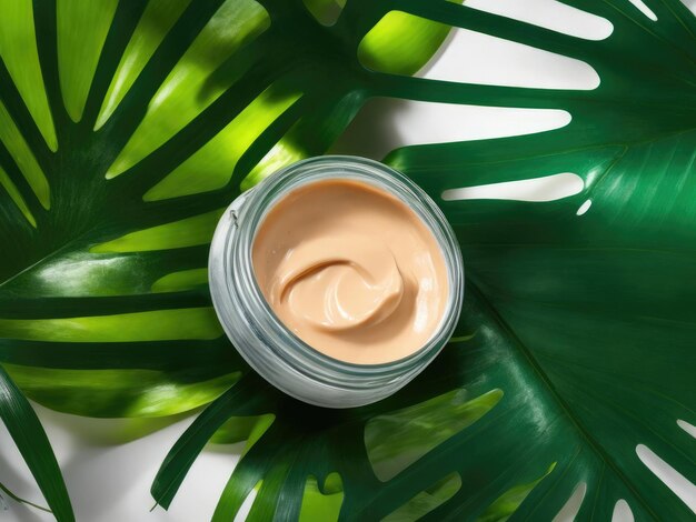 Crème cosmétique pour le corps ou le visage sur les feuilles de plantes vertes comme arrière-plan génératif ai