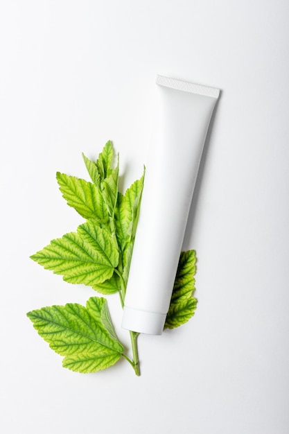 Crème cosmétique pour hydrater et nettoyer le visage Crème ou masque facial en tubes blancs et feuilles de plantes naturelles Flacon blanc avec espace vide