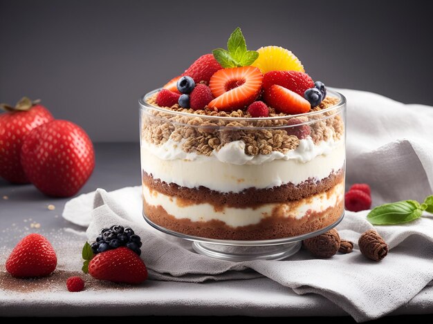 Une crème et du chocolat avec des fruits dans le dessus du désert sucré dans une tasse en verre