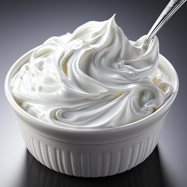 De la crème fouettée dans un bol blanc avec des lignes audacieuses et dynamiques