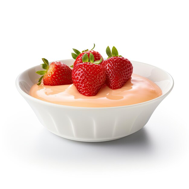 Crème à la fraise ou smoothie dans un bol isolé sur fond blanc en tranches de fraise