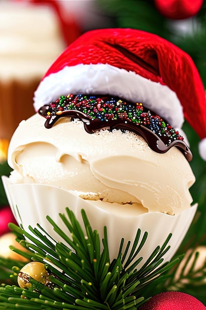 crème glacée arrosée de chocolat et pépites festives