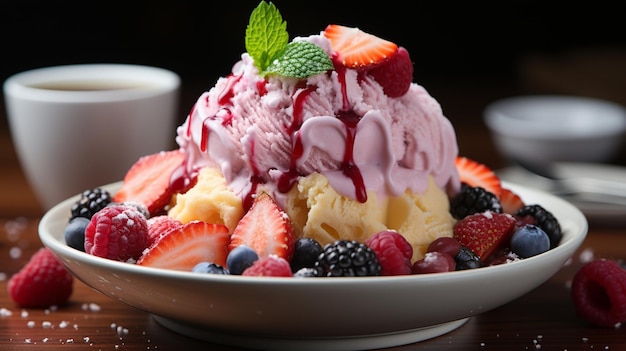 De la crème glacée sur assiette avec des baies de fruits