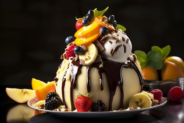 Photo crème glacée au chocolat et aux fruits sur assiette