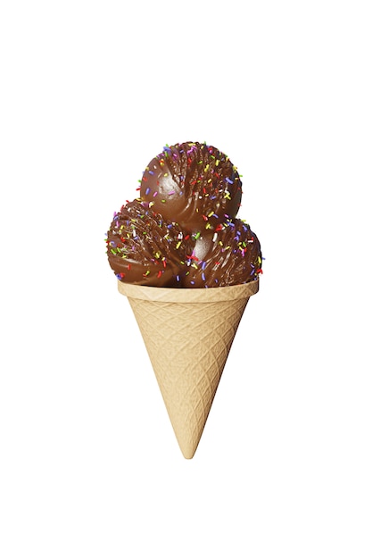 Crème glacée au chocolat de boules délicieuses très détaillées dans un cône de gaufre isolé on white