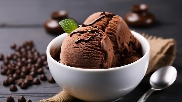 Crème glacée au chocolat dans un bol sur une table en bois en gros plan