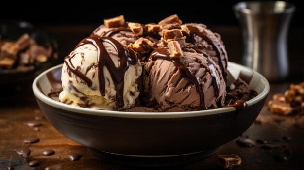 Crème glacée au chocolat avec des rouleaux de galettes dans un bol sur fond de bois