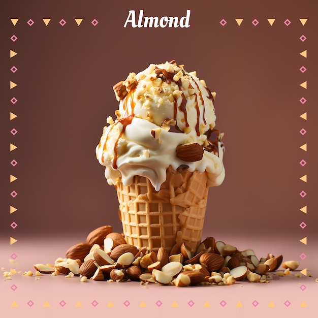 Crème glacée aux amandes Cornet de crème glacée sur fond dégradé de couleur Bannière Illustration 3D