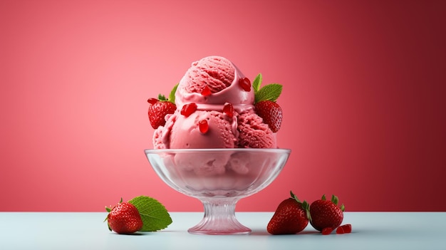 Une crème glacée aux fraises sur un fond rose