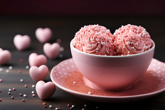 La crème glacée aux fraises roses dans un bol sur une table en bois