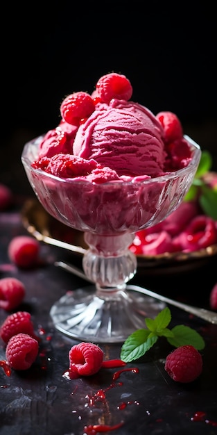 De la crème glacée aux framboises dans un bol