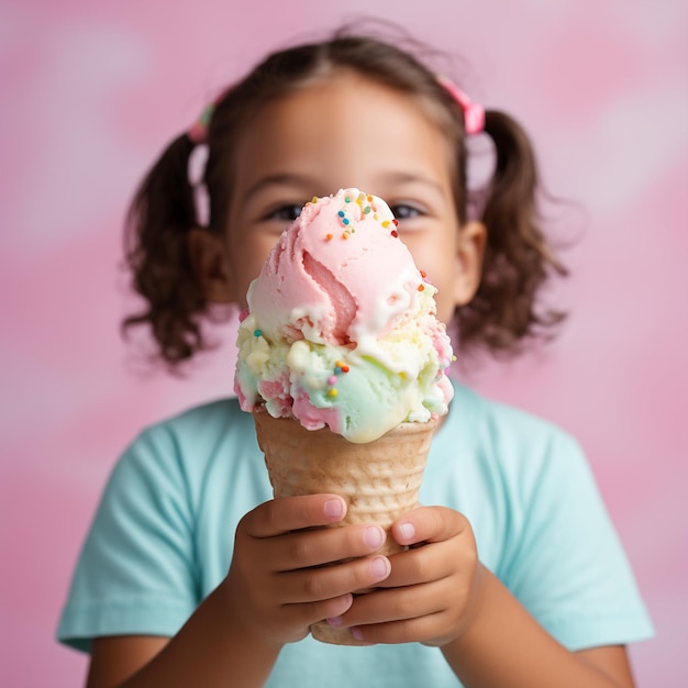 Une crème glacée colorée en gros plan sur la main d'un enfant en arrière-plan