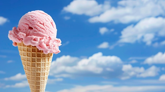 crème glacée en cône sur fond de ciel bleu avec des nuages en gros plan