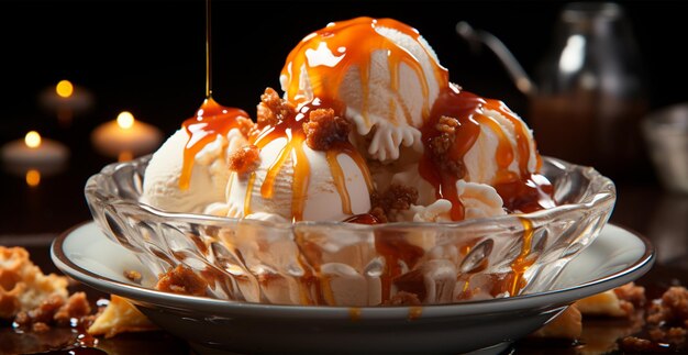 Photo crème glacée dans une assiette liquide caramel sucré miel image générée par l'ia