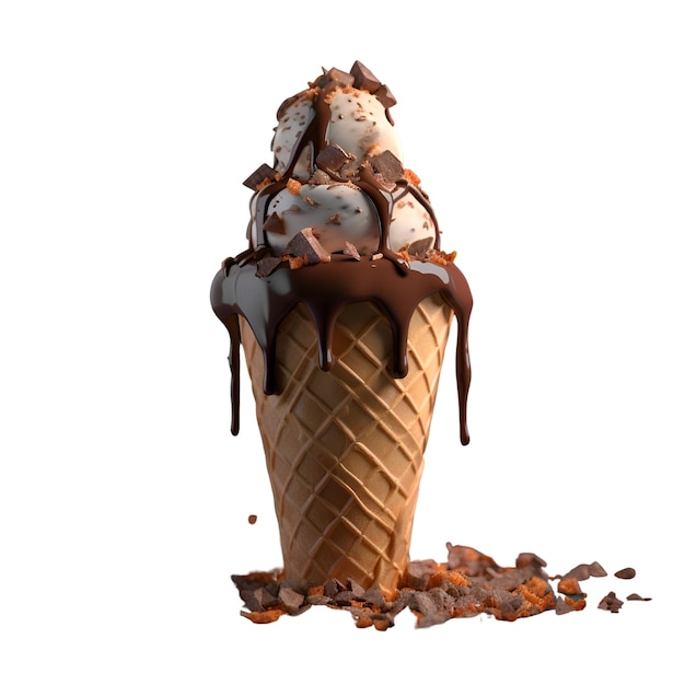 Crème glacée dans un cône de gaufres avec du chocolat isolé sur fond blanc