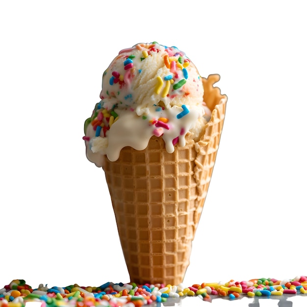 Crème glacée dans un cône de gaufres avec des éclaboussures colorées isolées sur un fond blanc