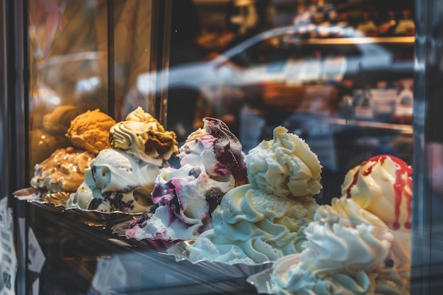 Photo une crème glacée délicieuse dans des bols derrière une fenêtre en verre dans un café.