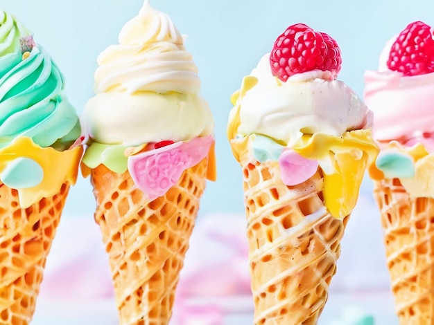 La crème glacée d'été est douce et indulgente. Des cônes multicolores et gourmands.