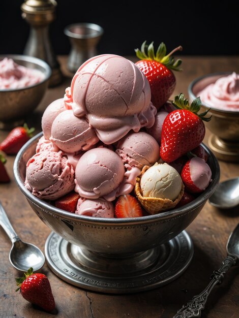 De la crème glacée avec des fraises dans une assiette.