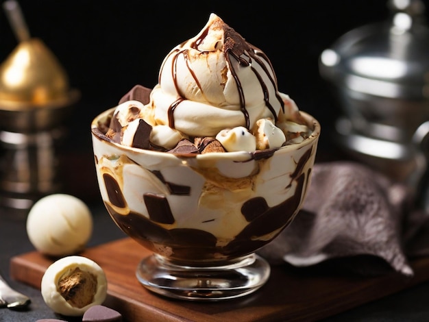 La crème glacée de luxe Rocky Road Affogato avec des gaufres gourmet