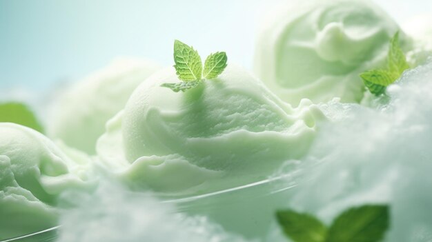 Crème glacée à la menthe verte avec des feuilles fraîches ingrédients dessert de fond