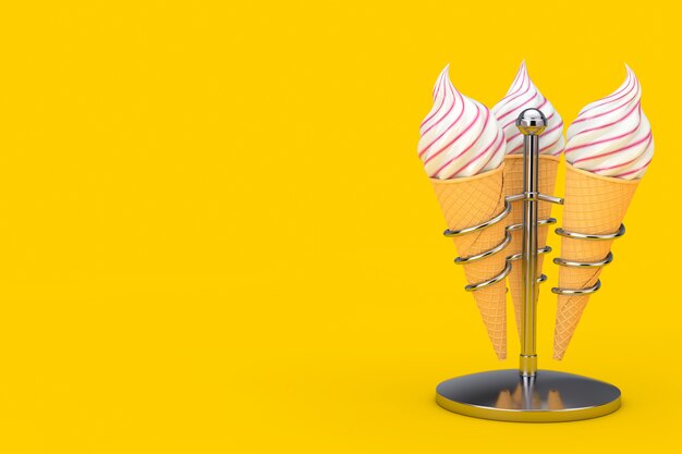 Crème glacée molle dans des cornets de crème glacée croustillants gaufrés dans des supports chromés sur fond jaune. Rendu 3D
