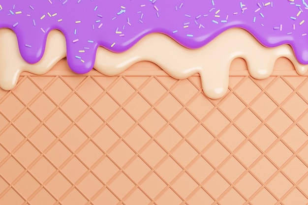 Crème glacée à la myrtille et à la vanille fondue avec des paillettes sur fond de gaufrette., modèle 3d et illustration.