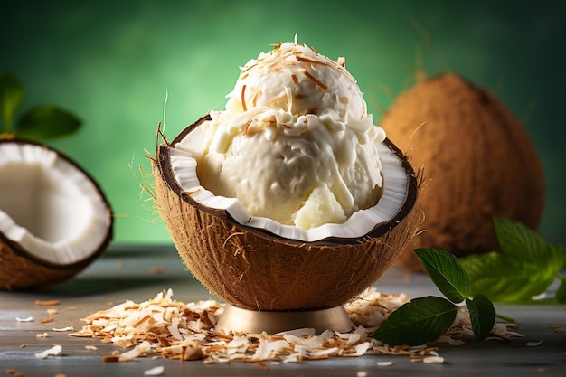 Crème glacée à la noix de coco servie dans des demi-coquilles de noix de coco Generative Ai