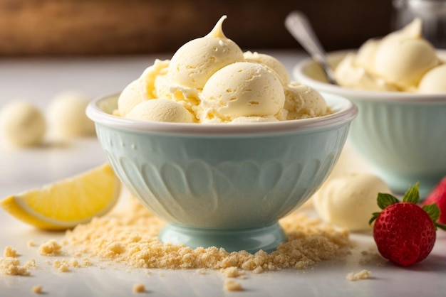 Crème glacée à la vanille avec des amandes dans un bol sur un fond blanc