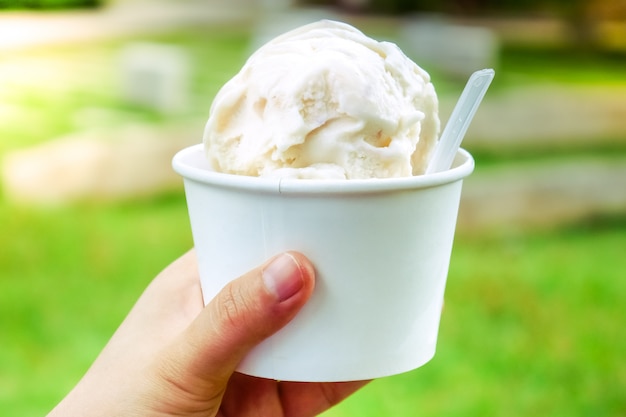 Photo crème glacée. vanille et crème glacée à la main