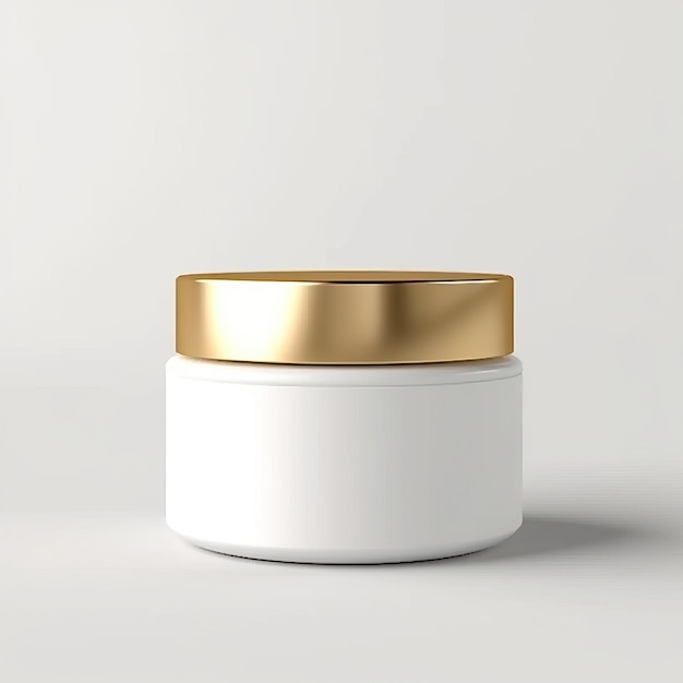 Crème hydratante en pot blanc et capuchon doré sur fond blanc concept de soins de la peau podium blanc