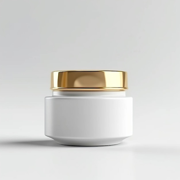 Crème hydratante en pot blanc et capuchon doré sur fond blanc concept de soins de la peau podium blanc