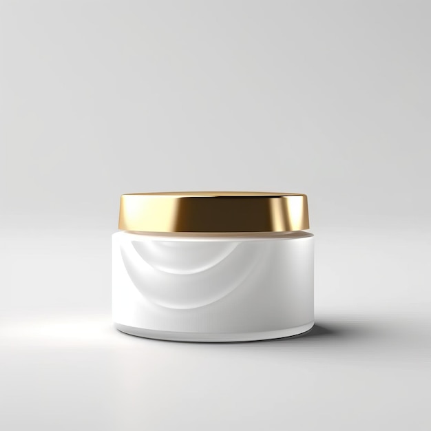 Crème hydratante en pot blanc et capuchon doré sur fond blanc concept de soins de la peau podium blanc