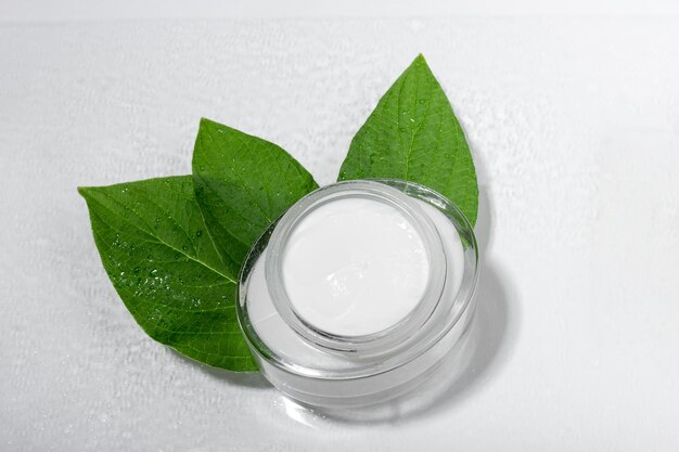 Crème hydratante visage et paupières aux extraits naturels Pot cosmétique en verre avec feuilles Produit cosmétique naturel