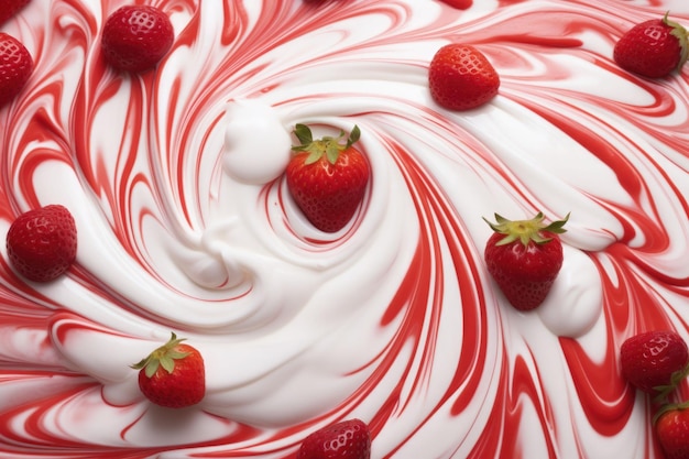 Crème de lait tourbillonnante avec des fraises fraîches Éclaboussures de lait et de textures de fruits générées par l'IA