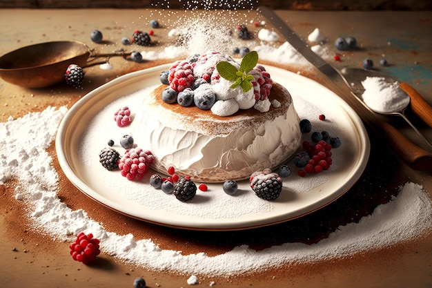Crème mousse aux baies et sucre en poudre sur assiette pour le dessert dessert pavlov