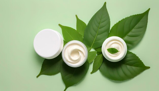 Photo crème ouverte avec des feuilles vertes en arrière-plan concept de soins de la peau biologique avec des feuillas vertes vue supérieure