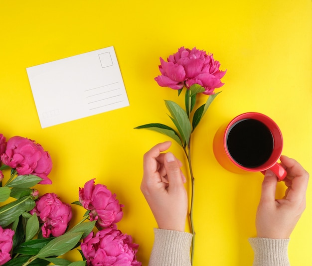 Crème rouge avec café noir dans des mains féminines