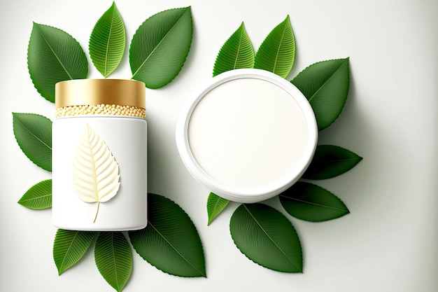 Crème de soin de la peau de luxe sur tableau blanc parmi les feuilles de produits de spa flatlay