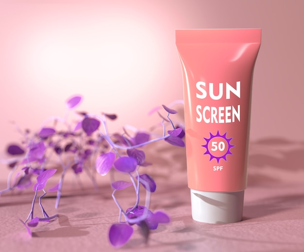 Crème solaire, protection 50, fond rose. illustration 3D